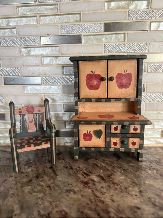 Other - Miniature Wooden Kitchen Hutch and Chair with Apple Motif - Red and Green